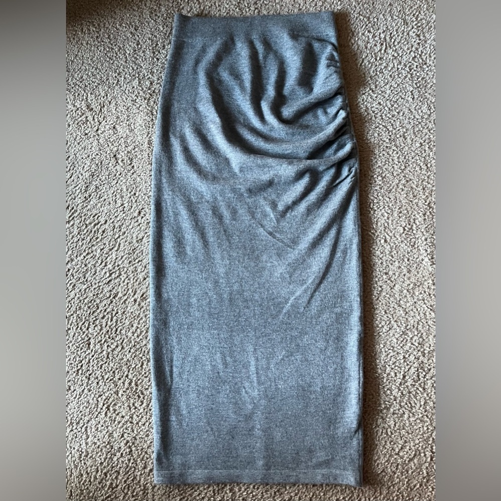 NWT Express Knit Midi Side Ruched Gray Skirt Wool Blend